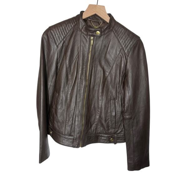 Cole Haan Jackets & Blazers - Cole Haan Lambskin Leather Moto Jacket Brown Gold Hardware Small